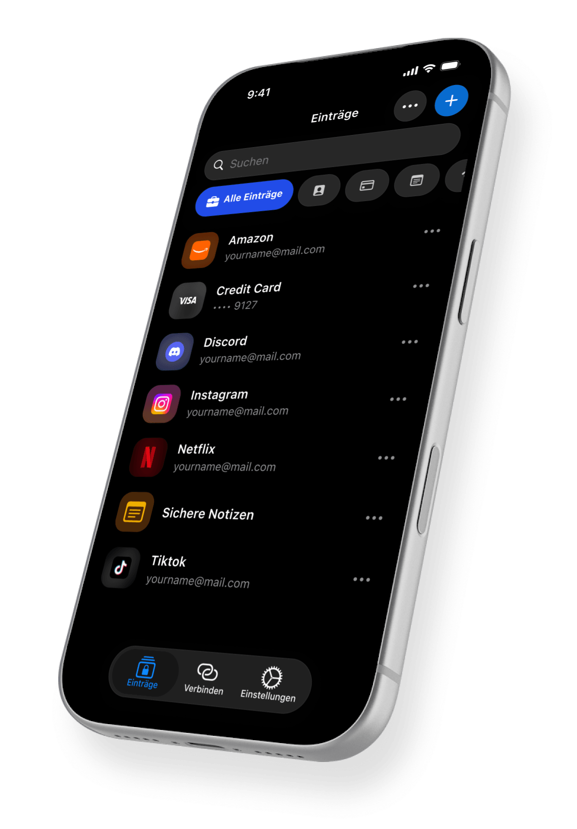 2FAS Pass Handy-App mit einer Liste gespeicherter Logins, Karten und Notizen