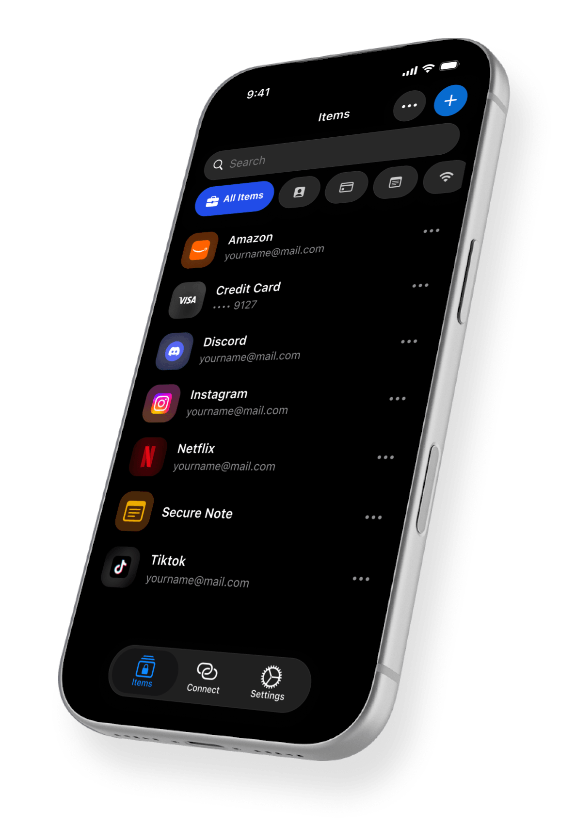 2FAS Pass mobile app with a list of saved logins, cards and notes