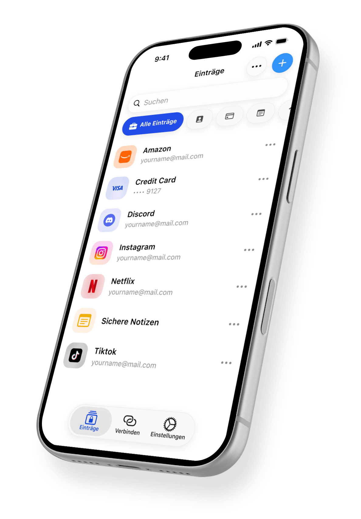 2FAS Pass Handy-App mit einer Liste gespeicherter Logins, Karten und Notizen